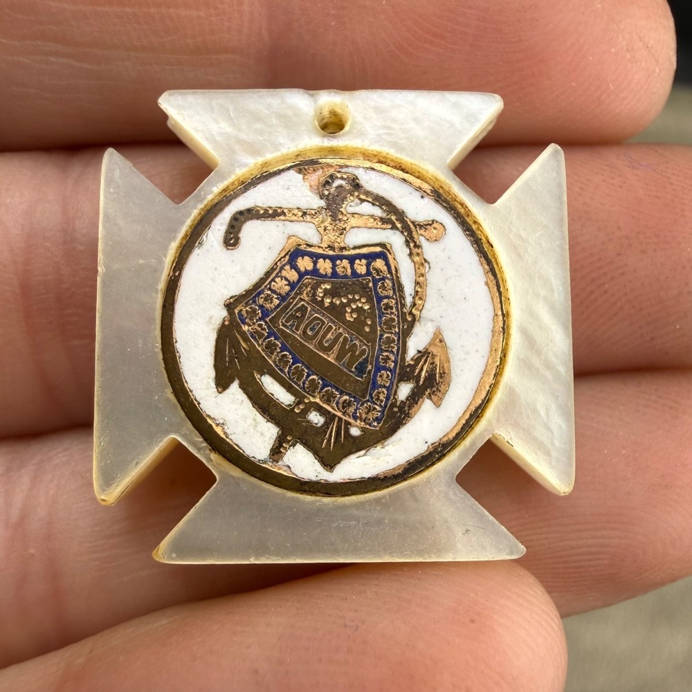Vintage Ancient Order of United Workmen Watch Fob Gold Tone Mother of Pearl